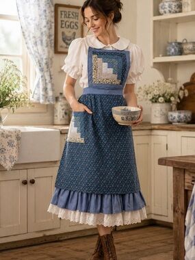 VTG Handmade Prairie Pinafore Apron Blue Floral Patchwork Quilt Cottagecore